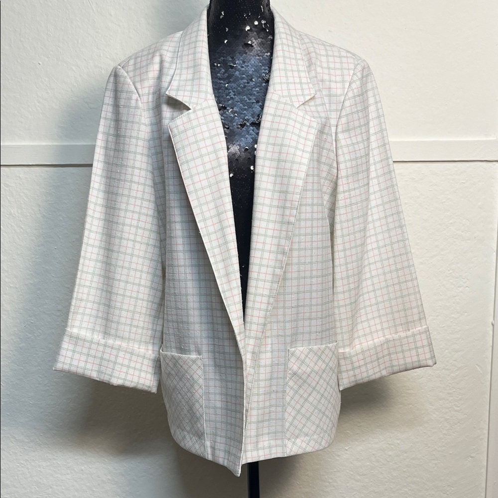 Vintage Pink and Green Plaid Open Front Blazer
